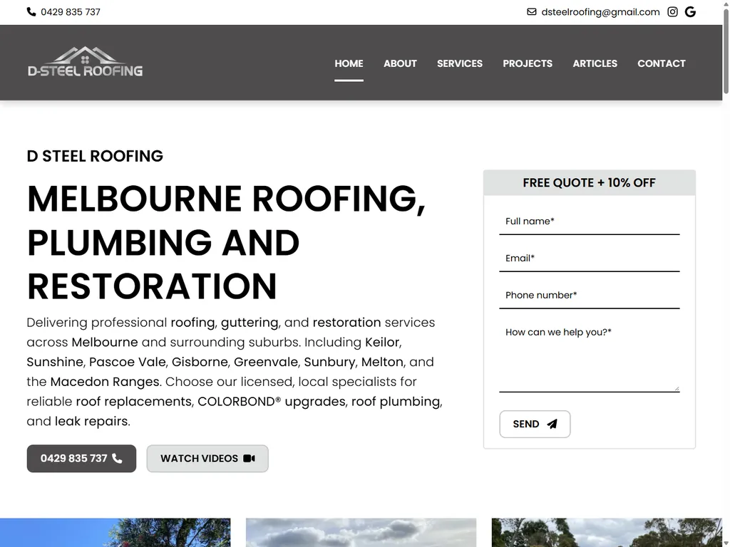 D Steel Roofing website, home page