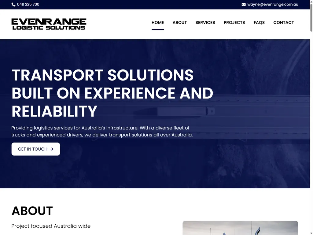 Evenrange Logistic Solutions website, home page