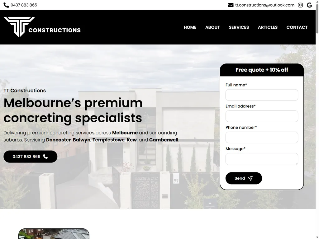 TT Constructions website, home page